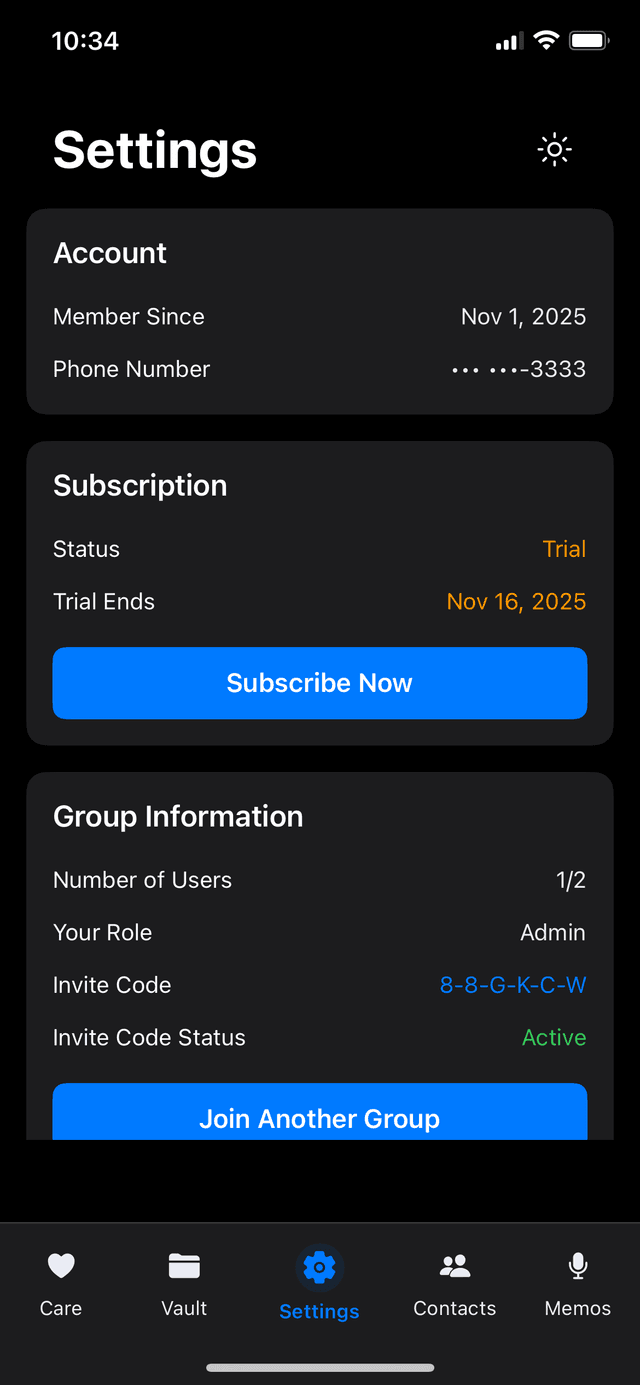 CareGuide iOS App - Settings screen showing account, subscription, and group information